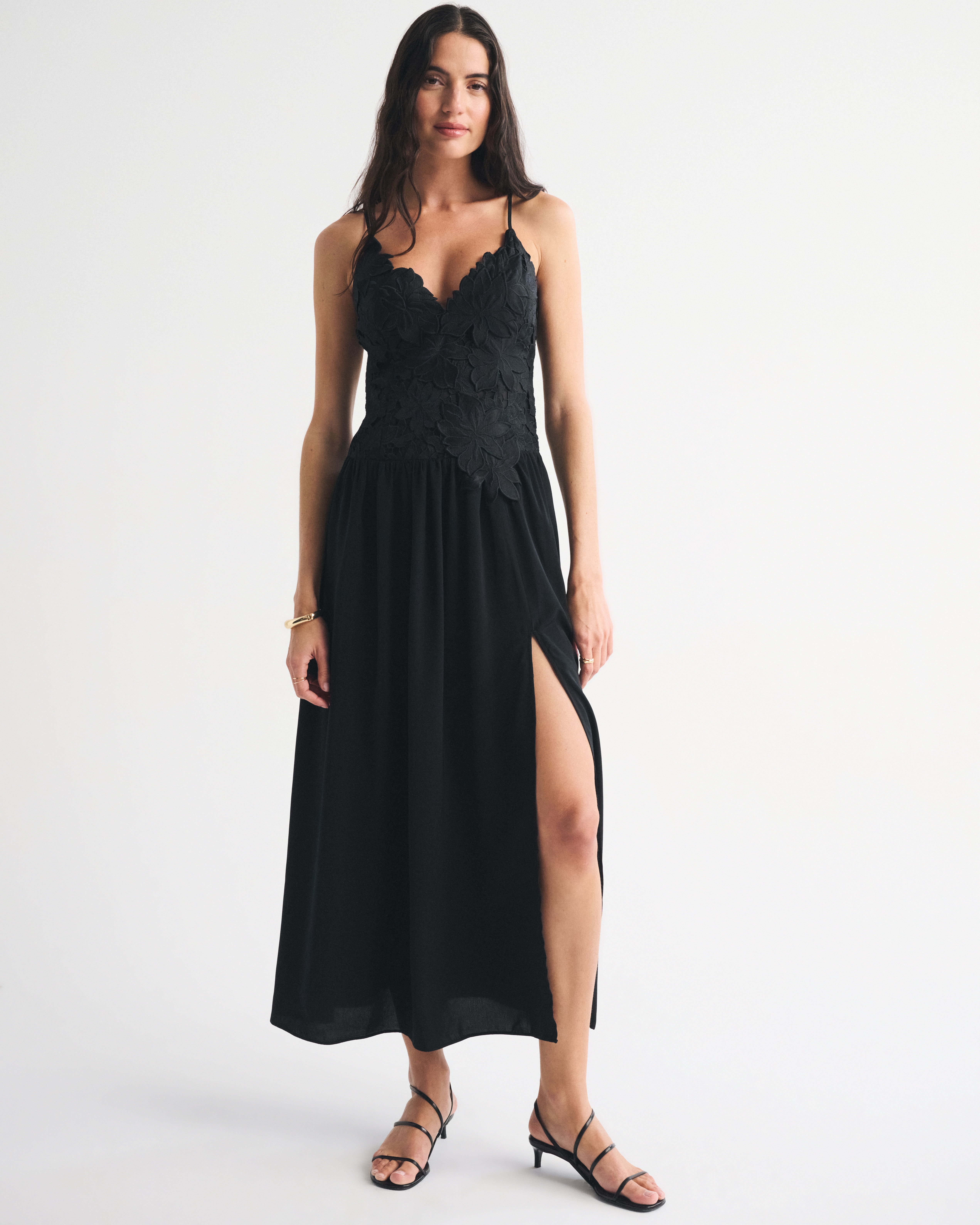 Bra-Free Applique Lace Maxi Dress - Black