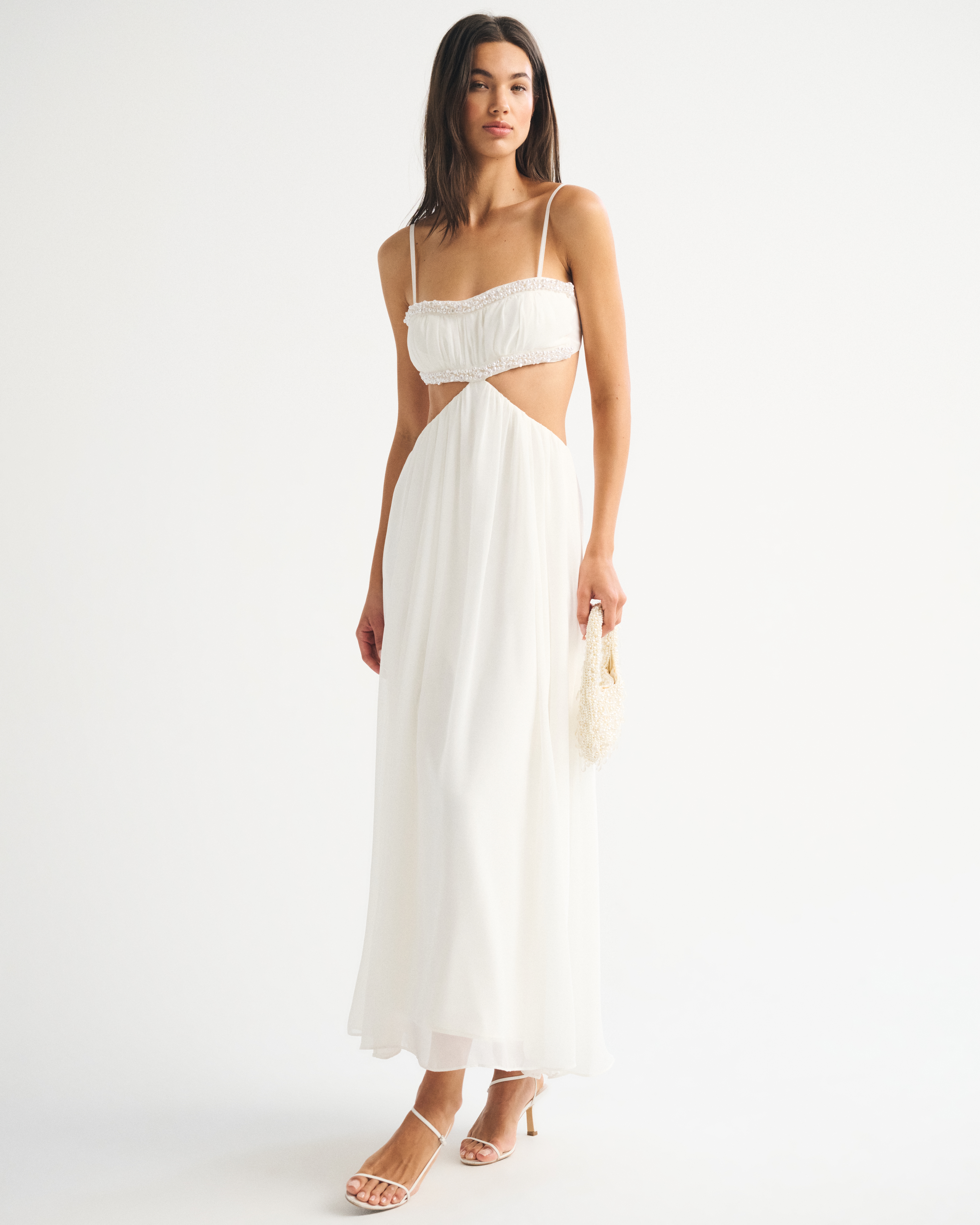 Bra-Free Babydoll Cutout Beaded Maxi Dress - White