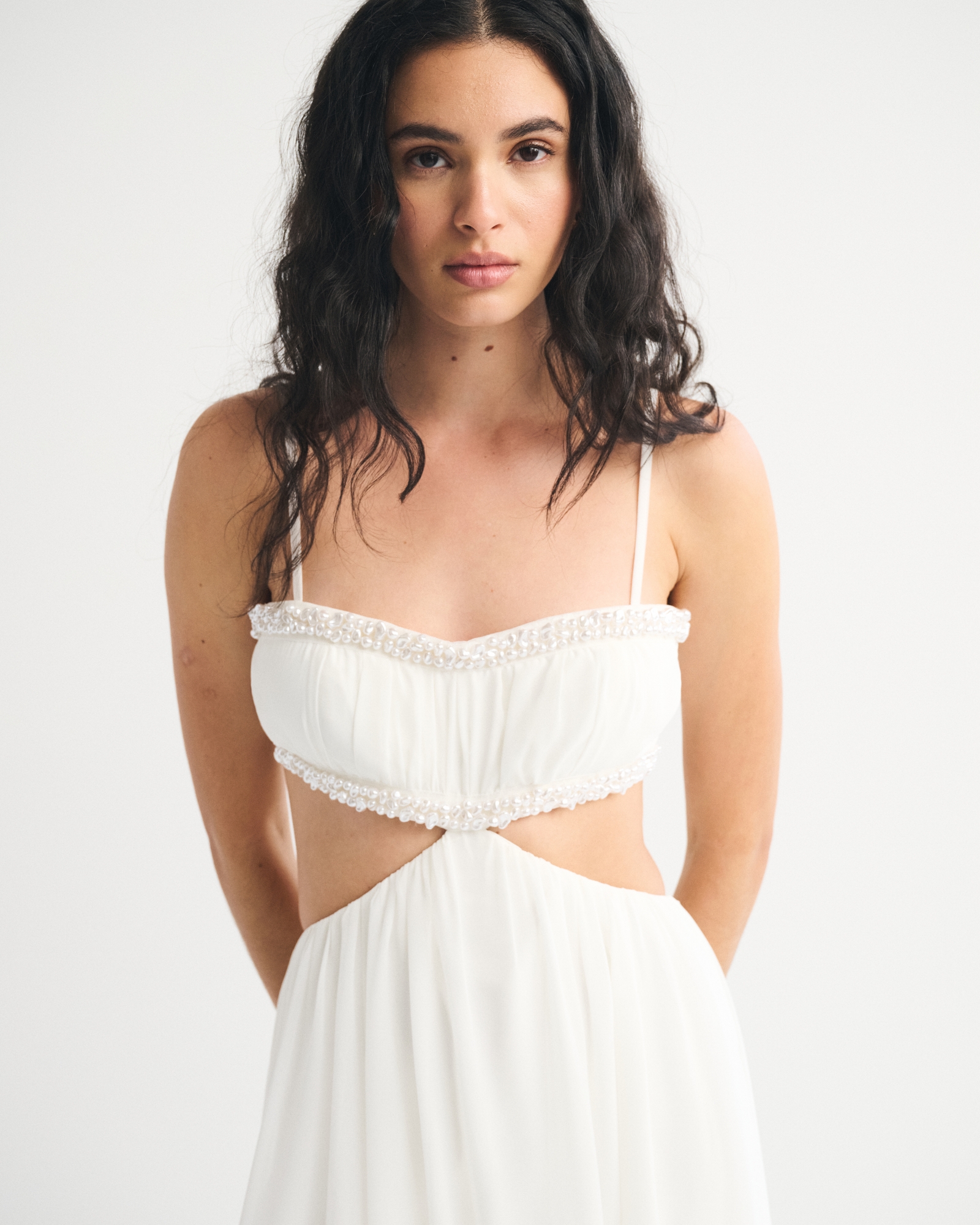 Bra-Free Babydoll Cutout Beaded Maxi Dress