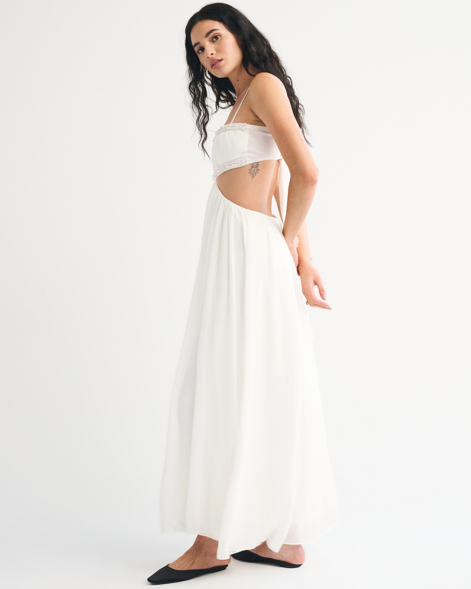 Bra-Free Babydoll Cutout Beaded Maxi Dress