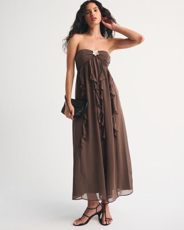 Bra-Free Strapless Hardware Maxi Dress, Chestnut view 1