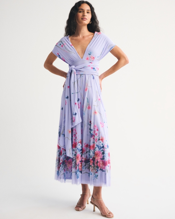 abercrombie chiffon wrap dress Women's A&F Giselle 5-in-1 Convertible Maxi Dress in Lavender Floral | Size XS