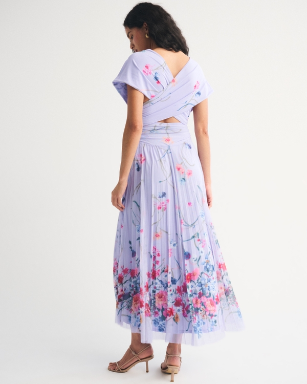 after 5 maxi dresses Dramatic Ruffle Edge Convertible Strap Metallic Pleated Maxi Bridesmaid  Dress With Floral Gold Foil Print In Pink Gold Foil