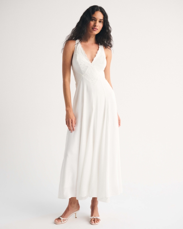 Bra-Free Lace-Trim Flowy Maxi Dress, Off-white view 1