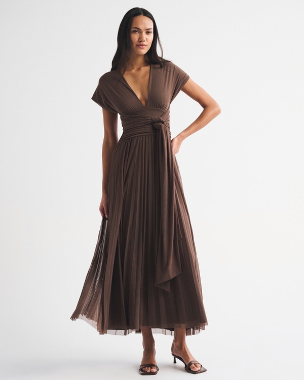 brown dress abercrombie Abercrombie & Fitch Light Brown Pleated Bodice Puff Sleeve Eyelet Deta –  The Saved Collection