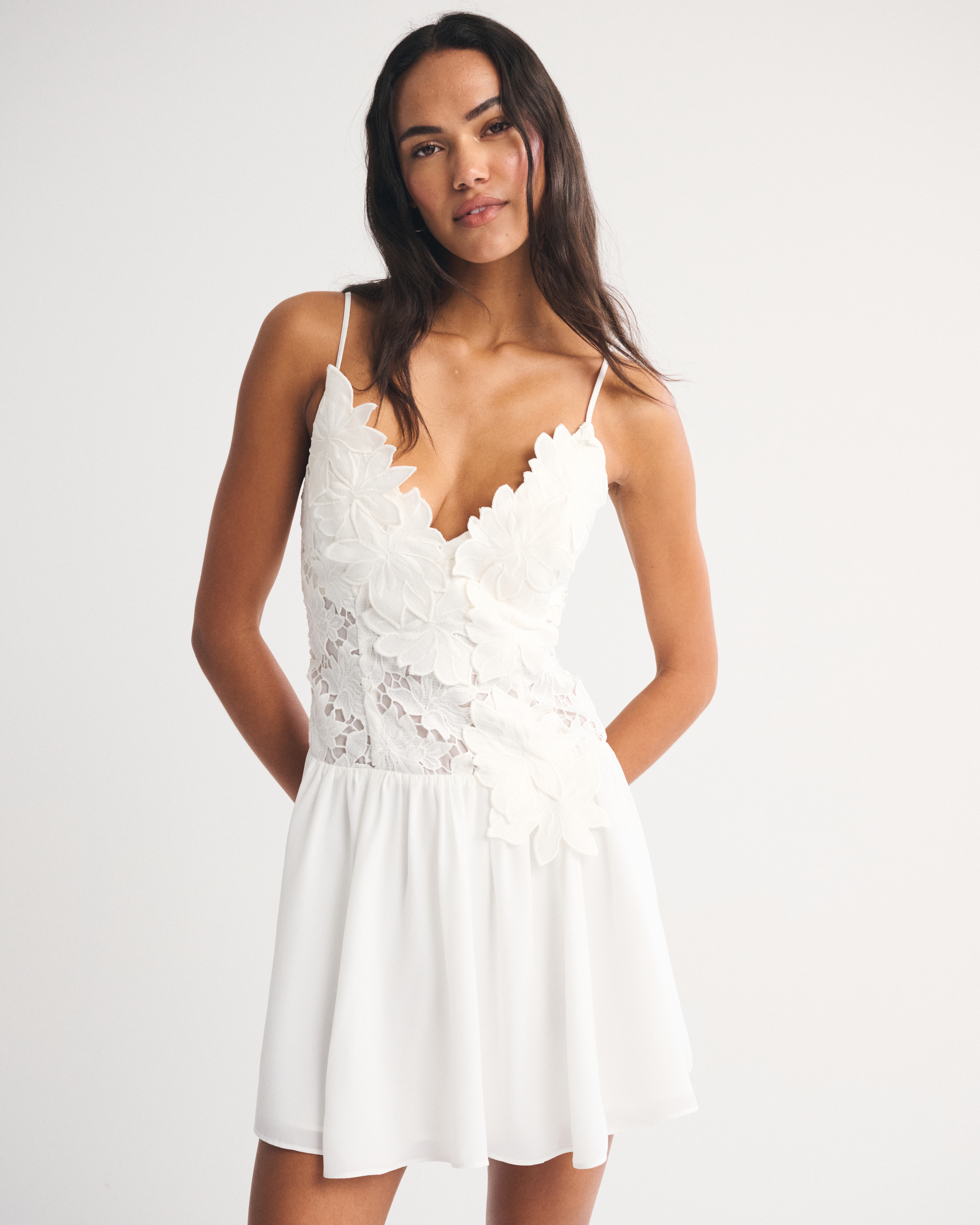 Bra-Free Lace Floral Mini Dress - White