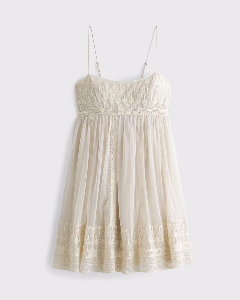 Women's Embroidered Babydoll Mini Dress in Cream | Size XL | Abercrombie & Fitch