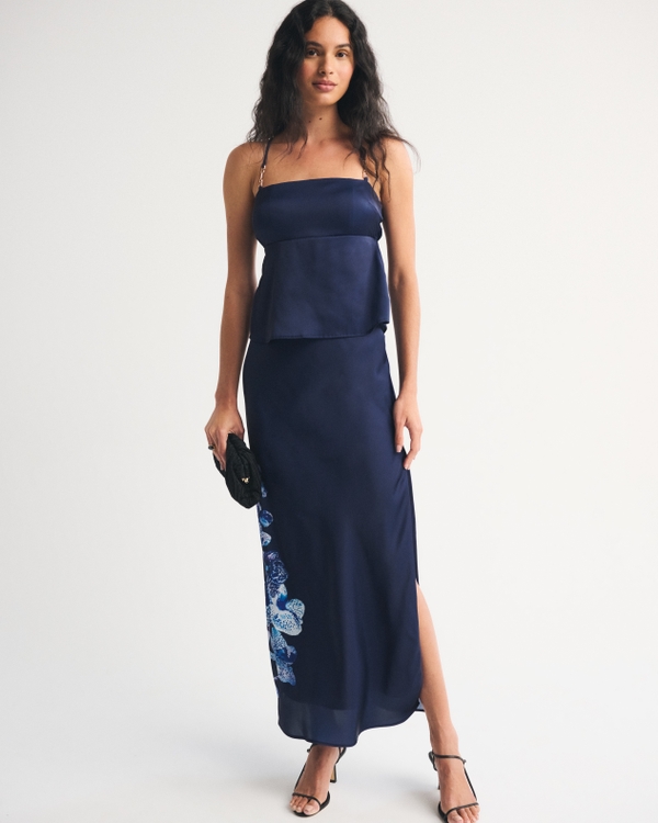 High Rise Satin Maxi Set Skirt, Midnight Blue Floral view 1