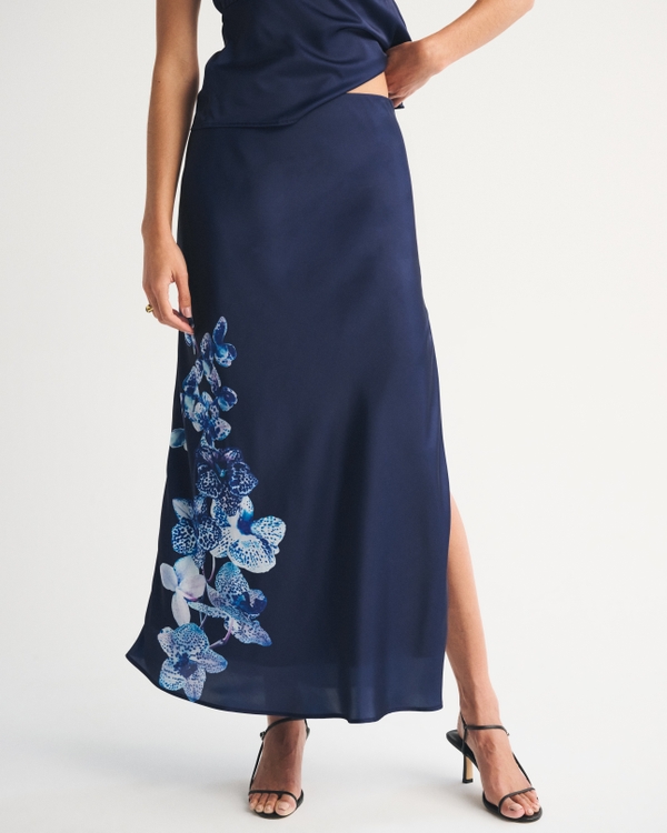 High Rise Satin Maxi Set Skirt, Midnight Blue Floral view 2