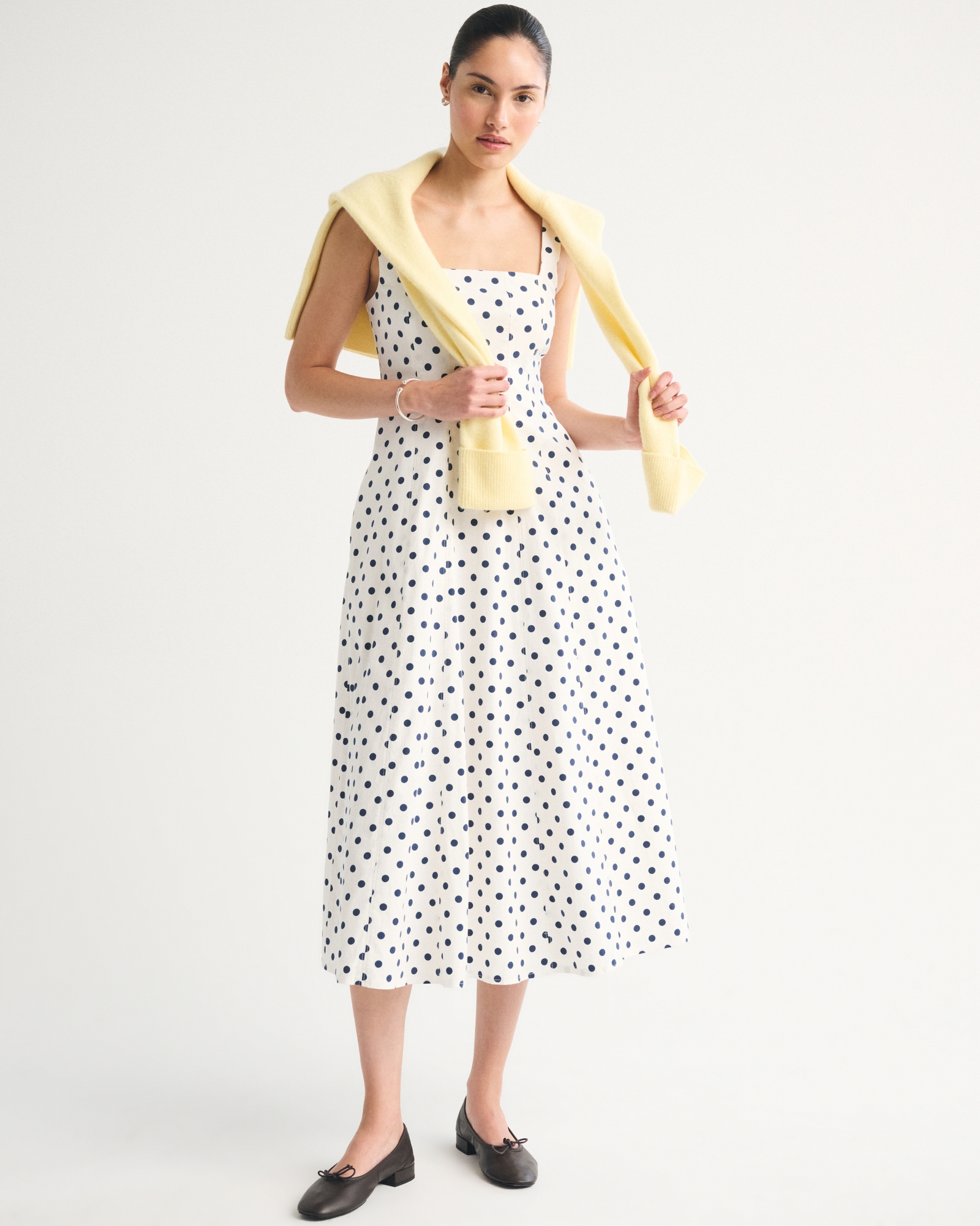 Women's A&F Mila Midi Dress in White Polka Dot | Size XXS | Abercrombie & Fitch