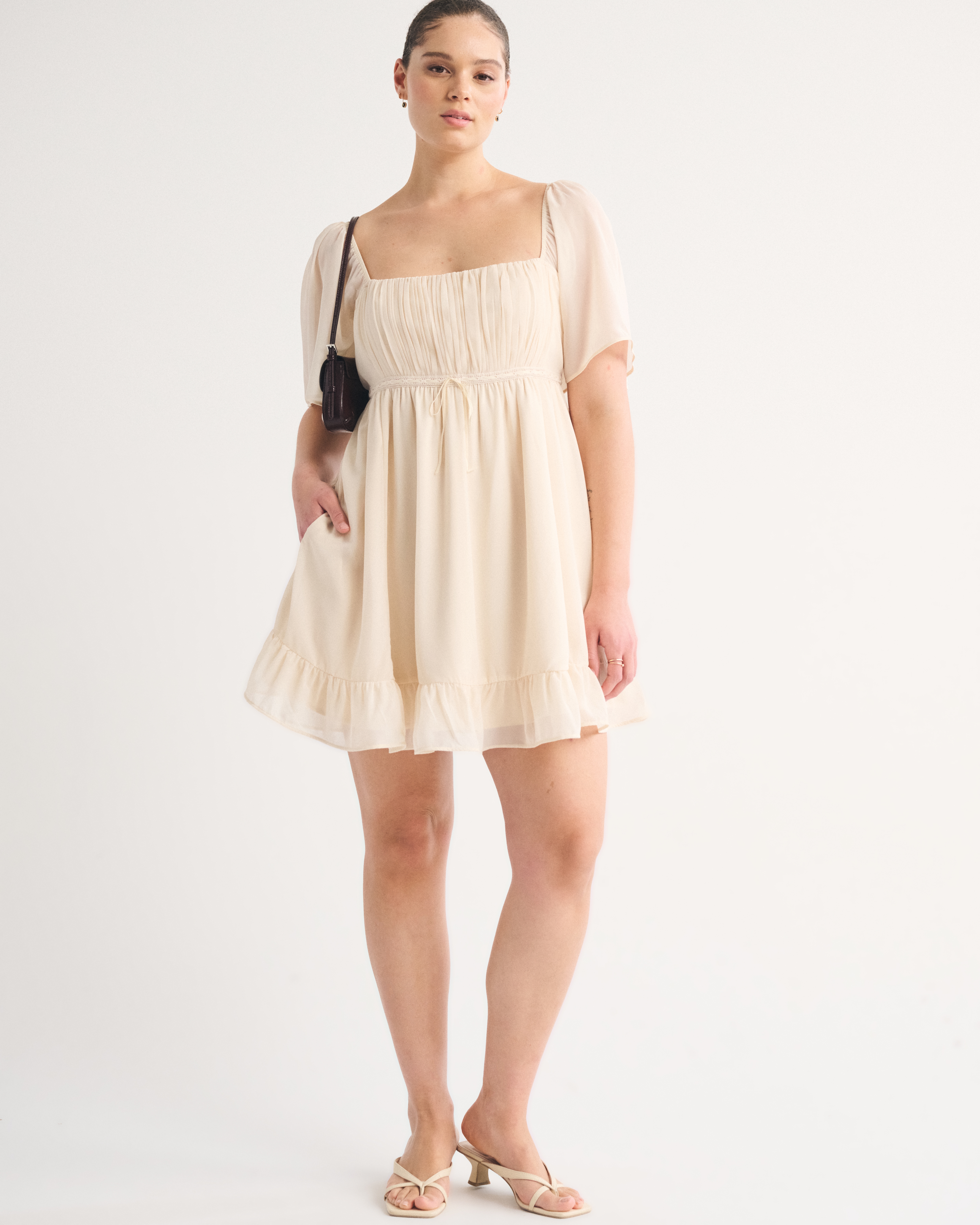 Bra-Free Angel Sleeve Babydoll Mini Dress - Cream