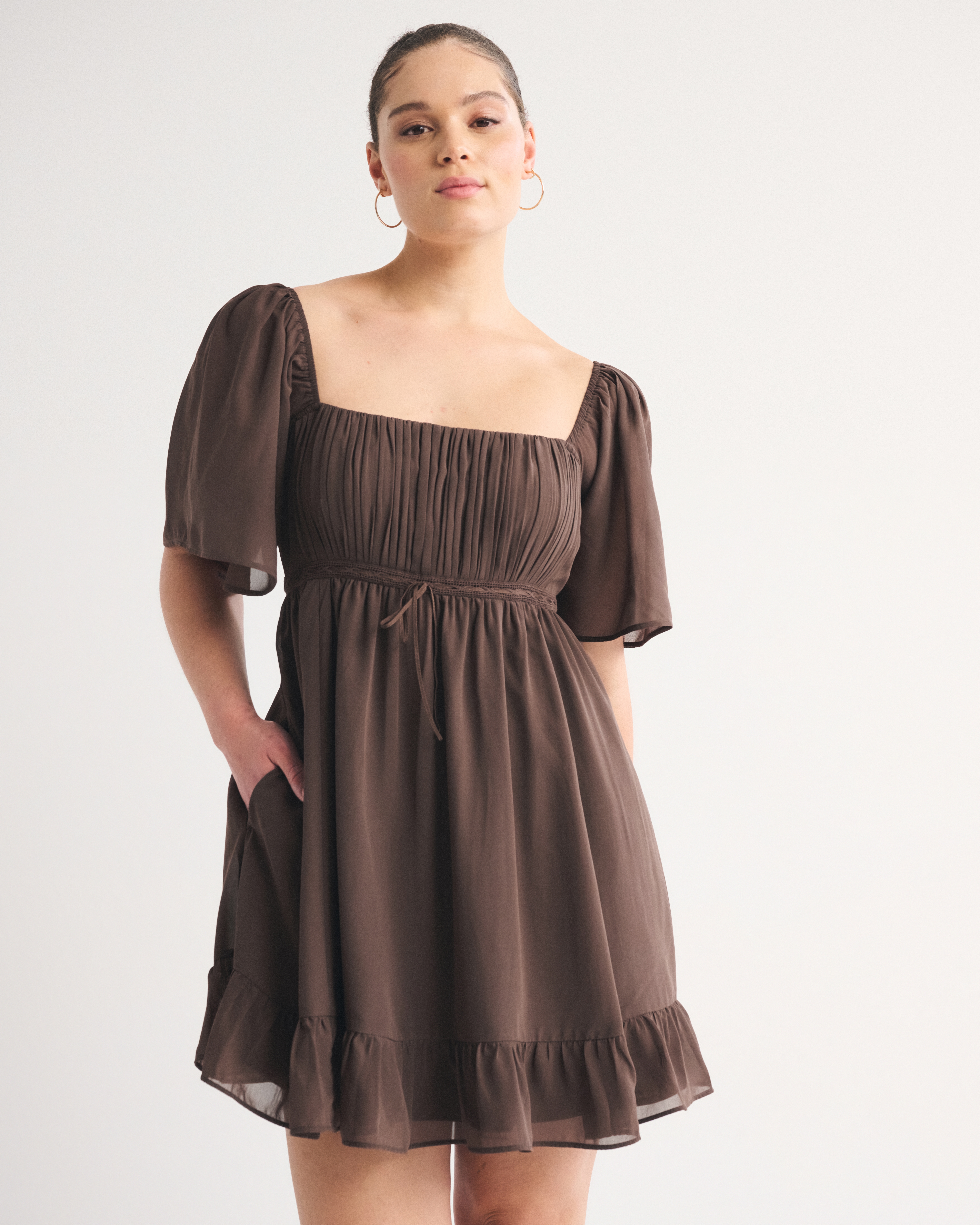 Bra-Free Angel Sleeve Babydoll Mini Dress - Cream