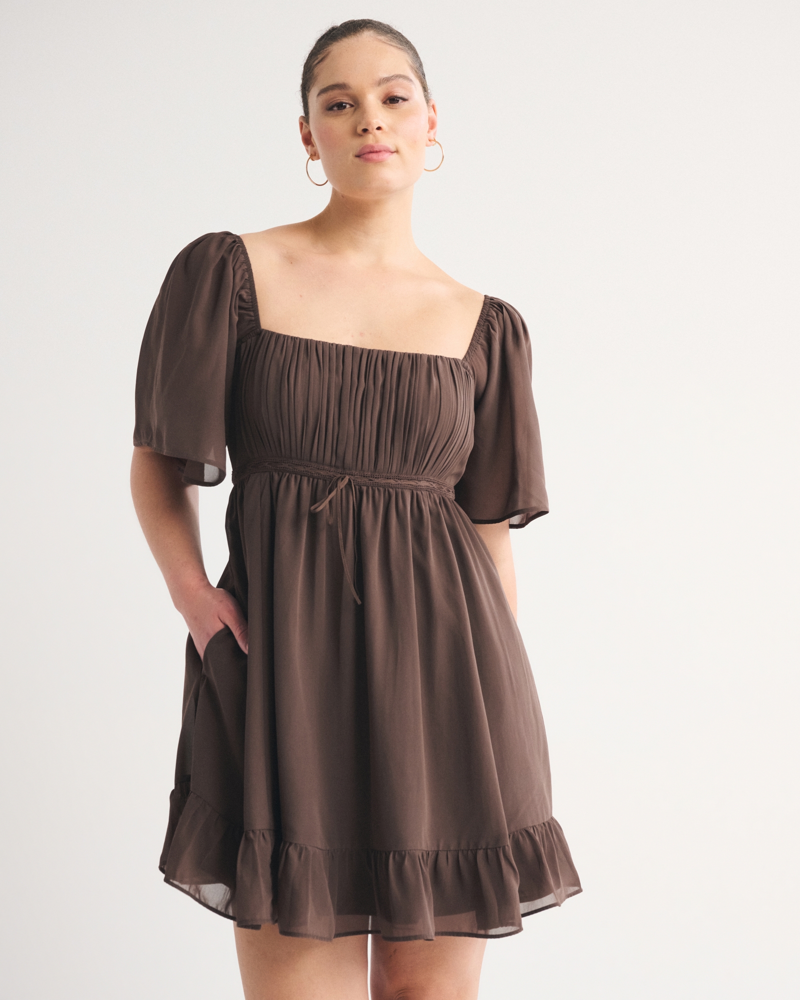 Bra-Free Angel Sleeve Babydoll Mini Dress