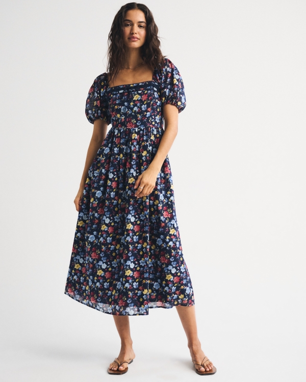 A&F Emerson Puff Sleeve Midi Dress, Navy Floral view 1