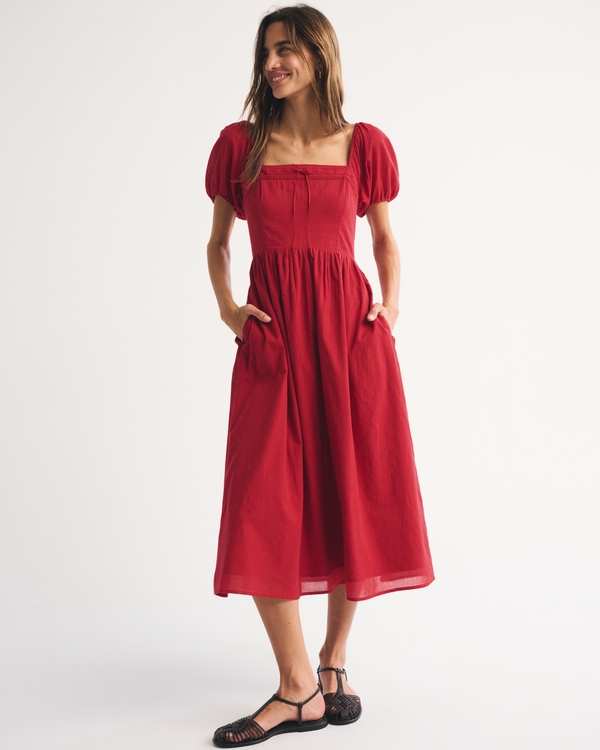 A&F Emerson Puff Sleeve Midi Dress, Red view 1