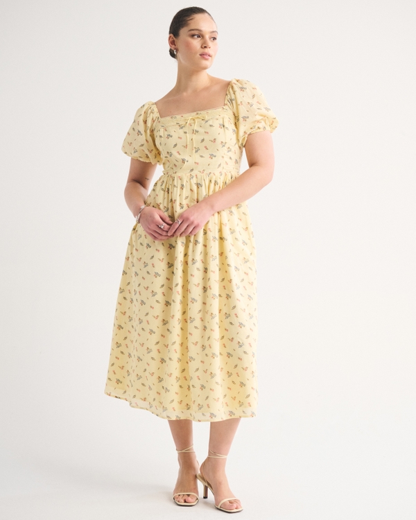 A&F Emerson Puff Sleeve Midi Dress, Yellow Floral view 1