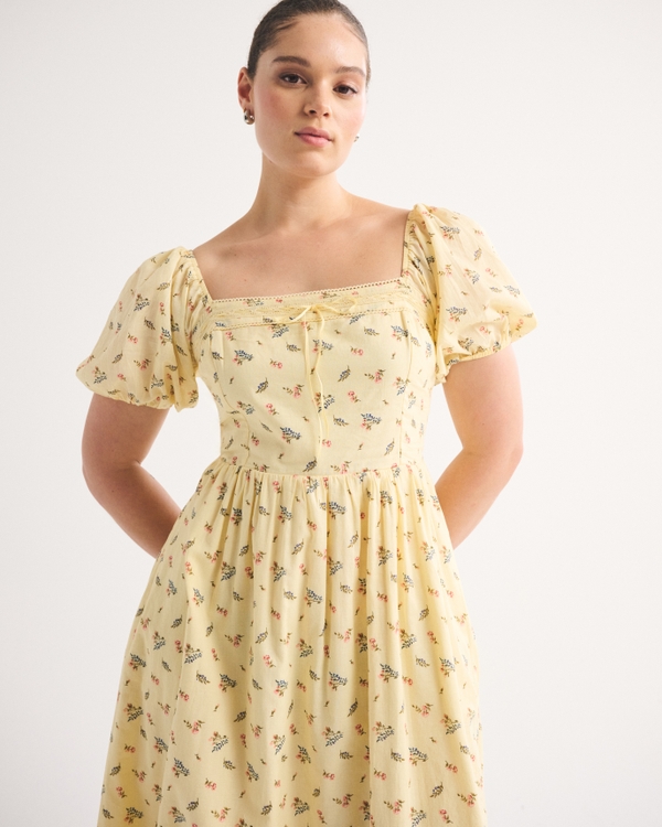A&F Emerson Puff Sleeve Midi Dress, Yellow Floral view 2