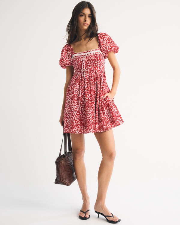 A&F Emerson Puff Sleeve Mini Dress, Spicy Red Floral view 1