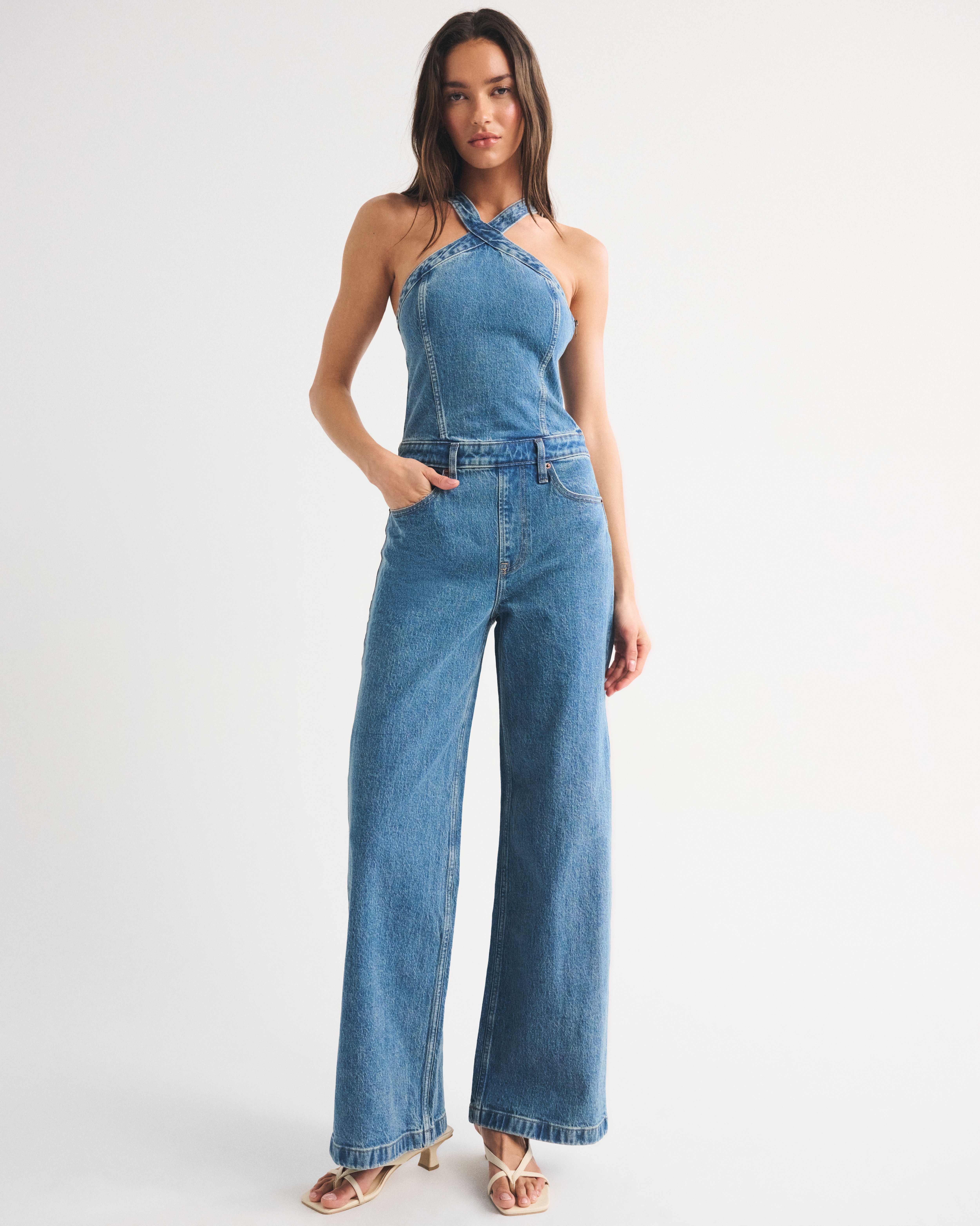 Halter Denim Jumpsuit - Medium Wash