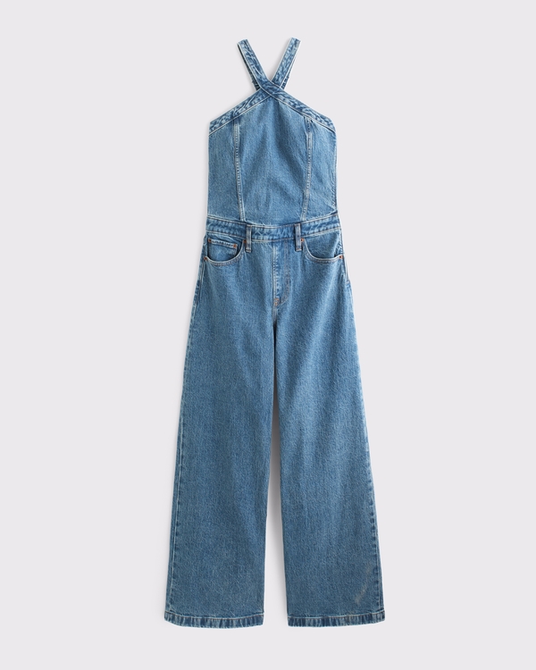 Halter Denim Jumpsuit, Medium Wash view 1