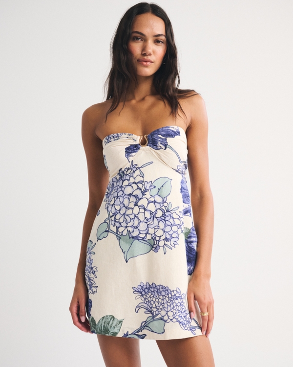 A&F Bra-Free Scarlett Strapless Linen-Blend Skort, Cream & Blue Floral view 1