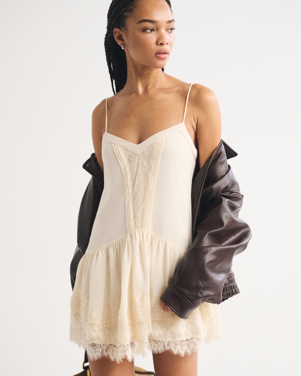 V-Neck Lace Ruffle Mini Dress, Muted Cream view 1