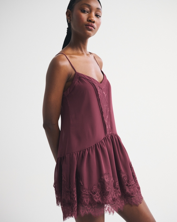 V-Neck Lace Ruffle Mini Dress