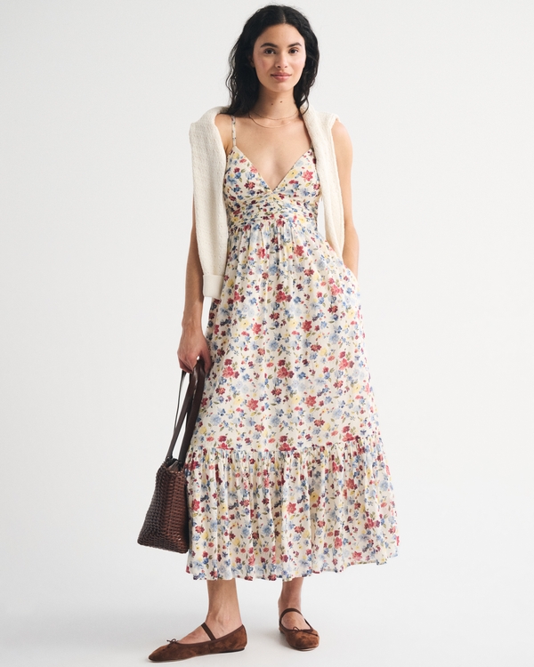 Bra-Free Tie-Back Flowy V-Neck Maxi Dress, Cream Floral view 1