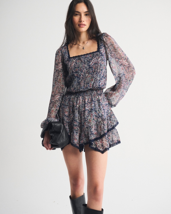 Long-Sleeve Squareneck Tiered Skort, Navy Pattern view 1