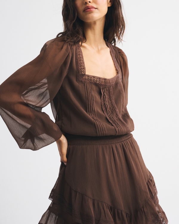 Long-Sleeve Squareneck Tiered Skort