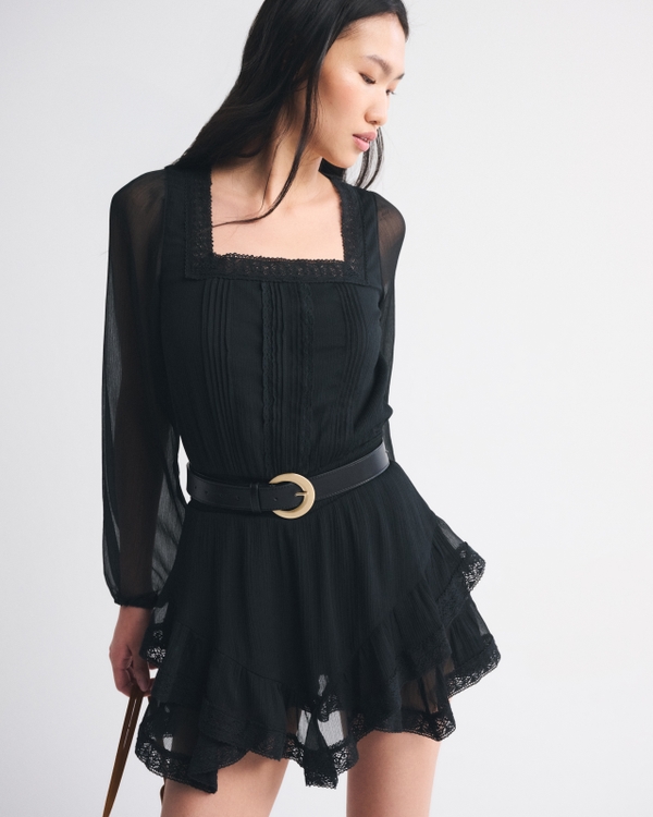 Long-Sleeve Squareneck Tiered Skort, Black view 1