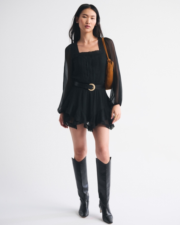 Long-Sleeve Squareneck Tiered Skort, Black view 2