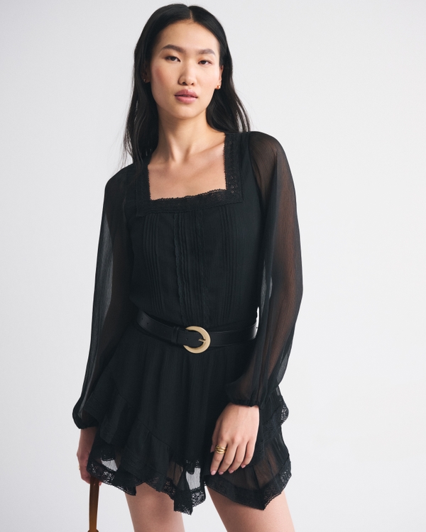 Long-Sleeve Squareneck Tiered Skort