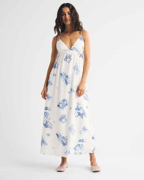 Bra-Free Clasp-Back Flowy Maxi Dress, White Pattern view 1