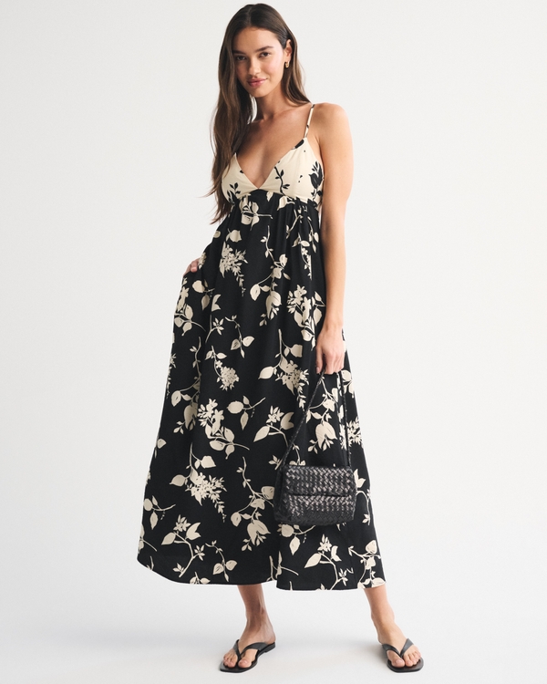 Bra-Free Clasp-Back Flowy Maxi Dress, Black Floral view 1