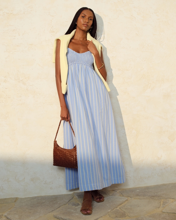 Bra-Free Smocked Sweetheart Maxi Dress, Blue Stripe view 1