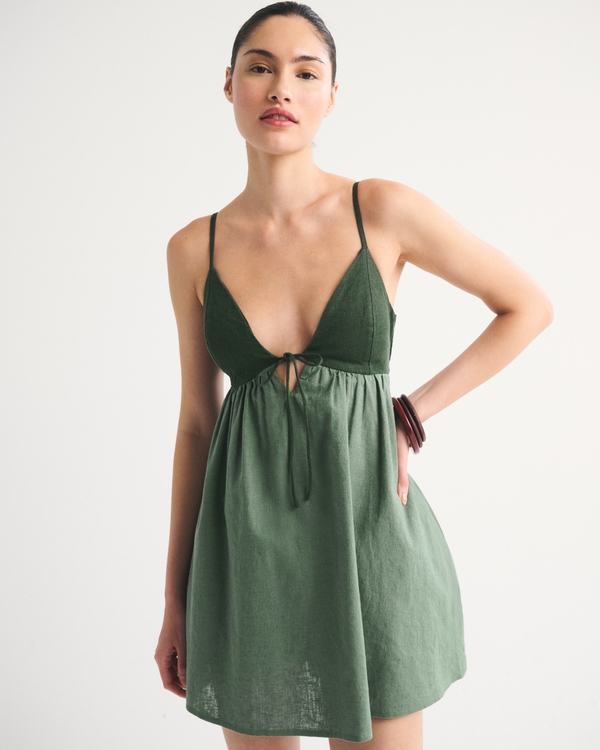 Bra-Free Tie-Front Linen-Blend Skort, Teal Green view 1