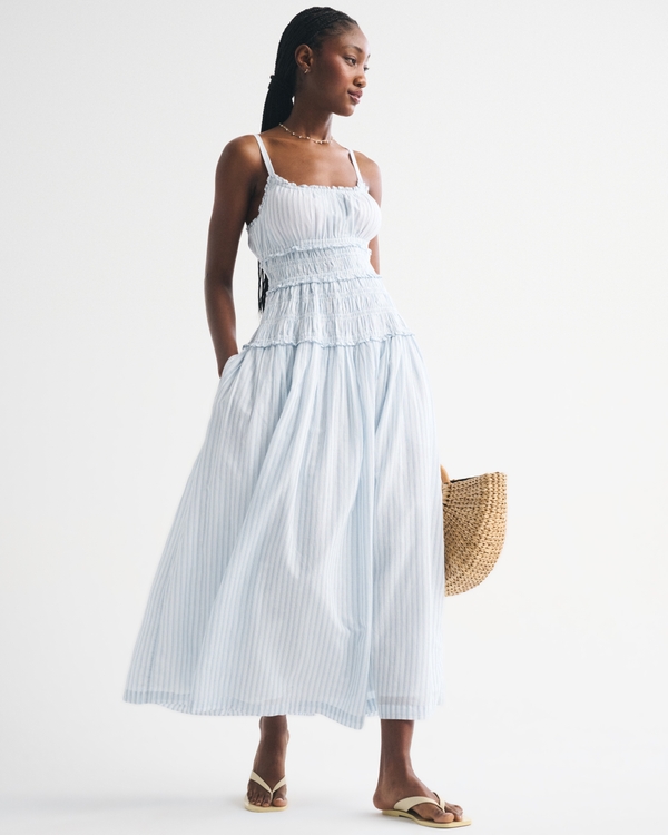 Bra-Free Smocked Drop-Waist Maxi Dress, Blue Stripe view 1