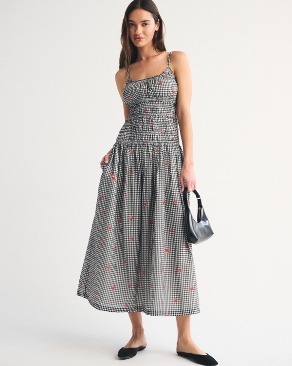 Bra-Free Smocked Drop-Waist Maxi Dress, Black Pattern view 1