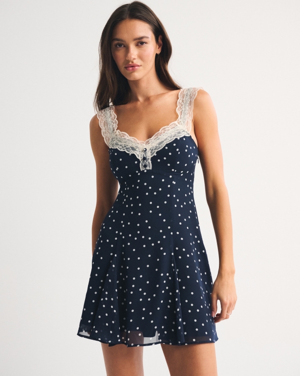 Bra-Free Lace-Trim Button-Through Mini Dress, Navy Dot view 1