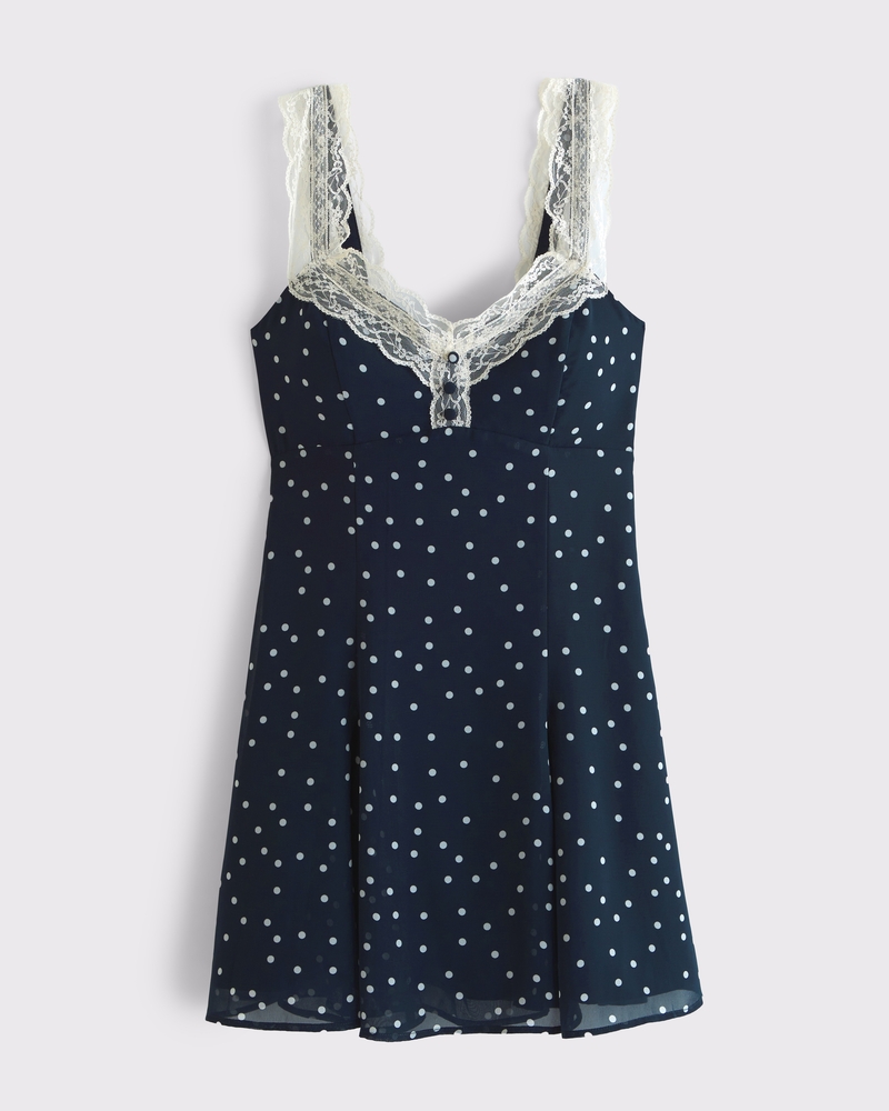 Women's Bra-Free Lace-Trim Button-Through Mini Dress in Navy Dot | Size S PETITE | Abercrombie & Fitch