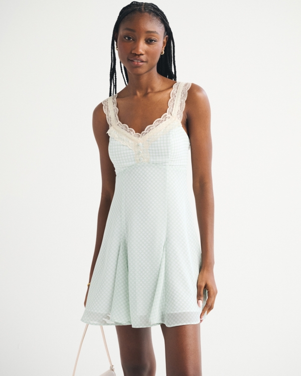 Bra-Free Lace-Trim Button-Through Mini Dress, Light Green Plaid view 1