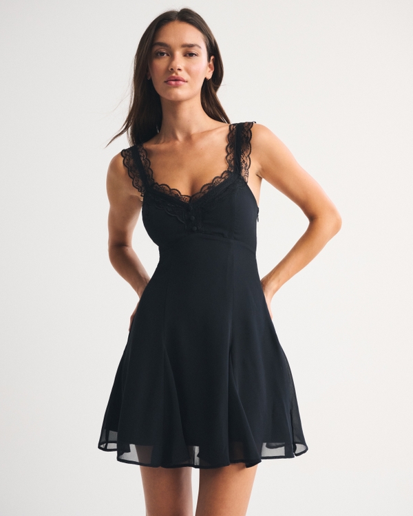 Bra-Free Lace-Trim Button-Through Mini Dress, Black view 1