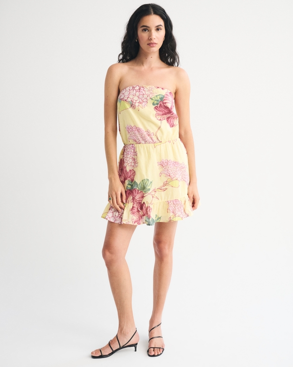 Strapless Easy Waist Mini Dress, Yellow Floral view 2