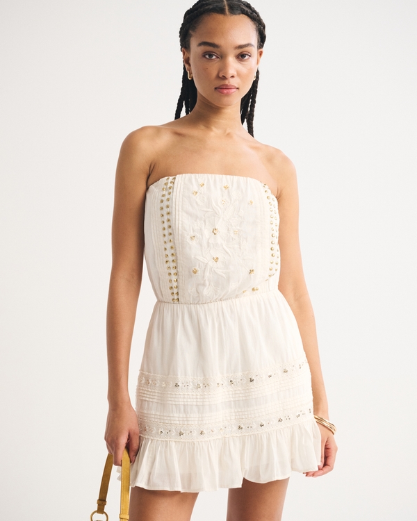 Strapless Easy Waist Beaded Mini Dress, Cream view 1