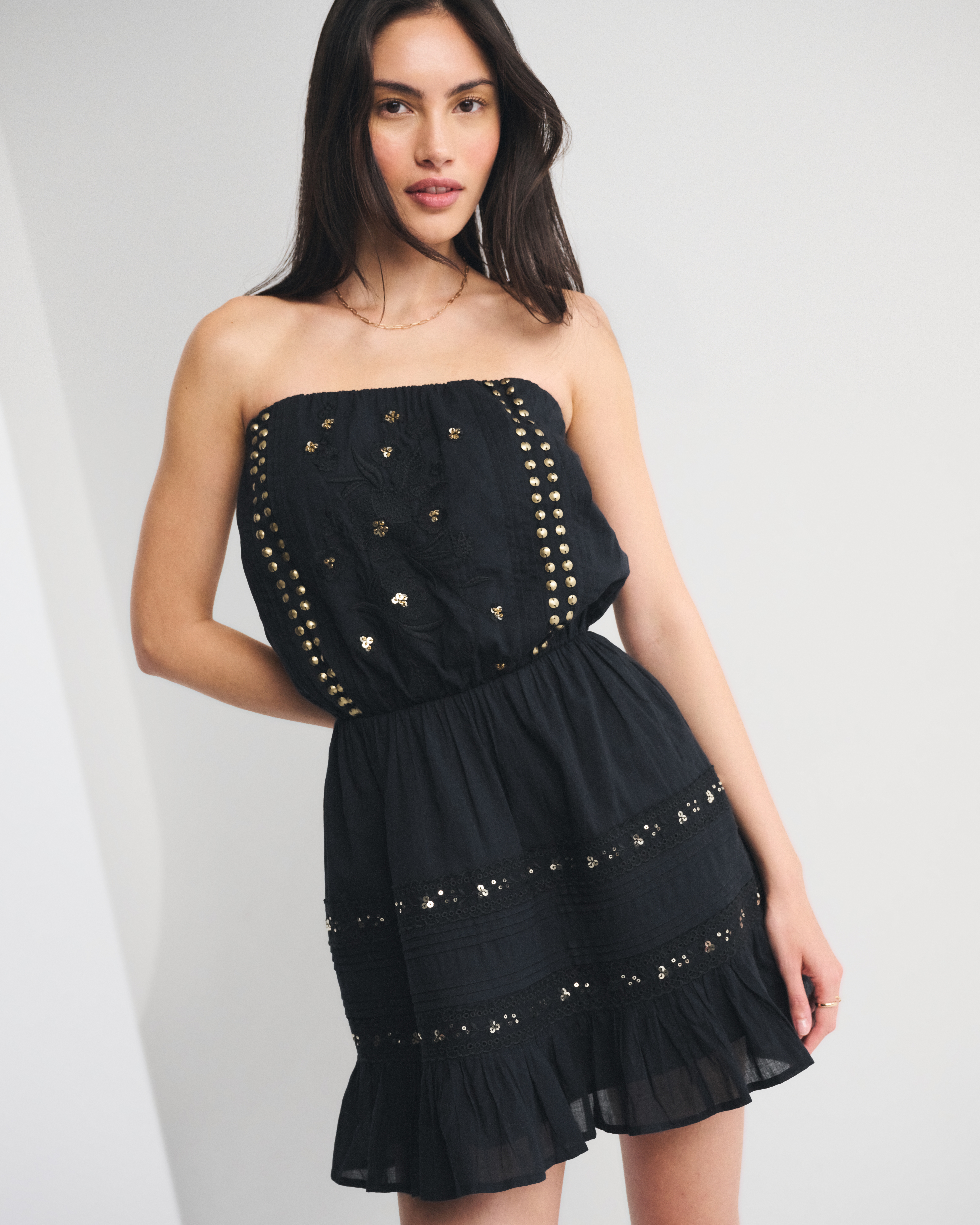 Strapless Easy Waist Beaded Mini Dress - Yellow Floral