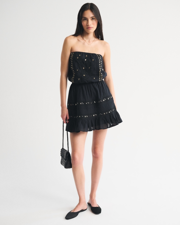 Strapless Easy Waist Beaded Mini Dress, Black view 2