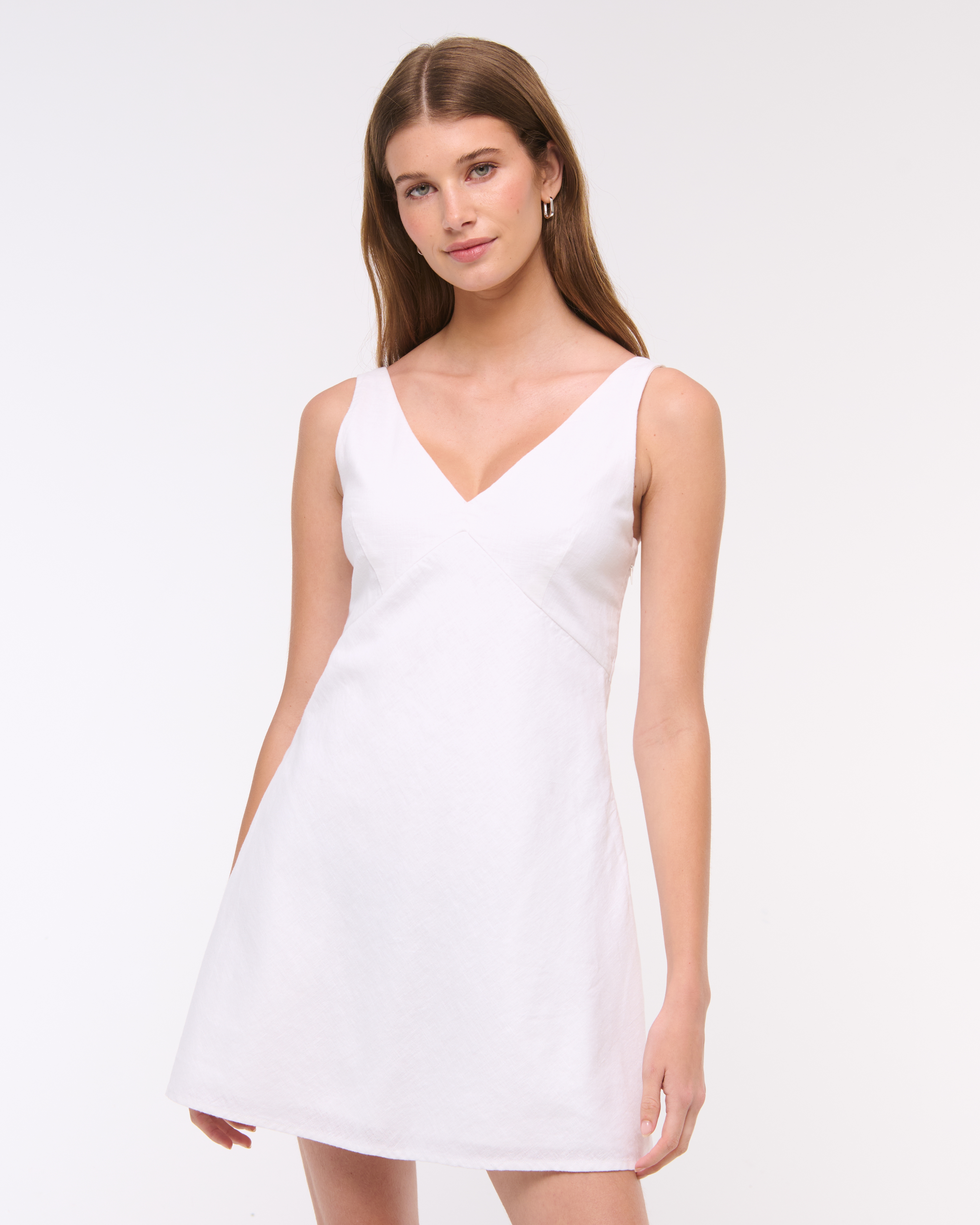Abercrombie & Fitch V-neck Linen-blend Mini Dress In White