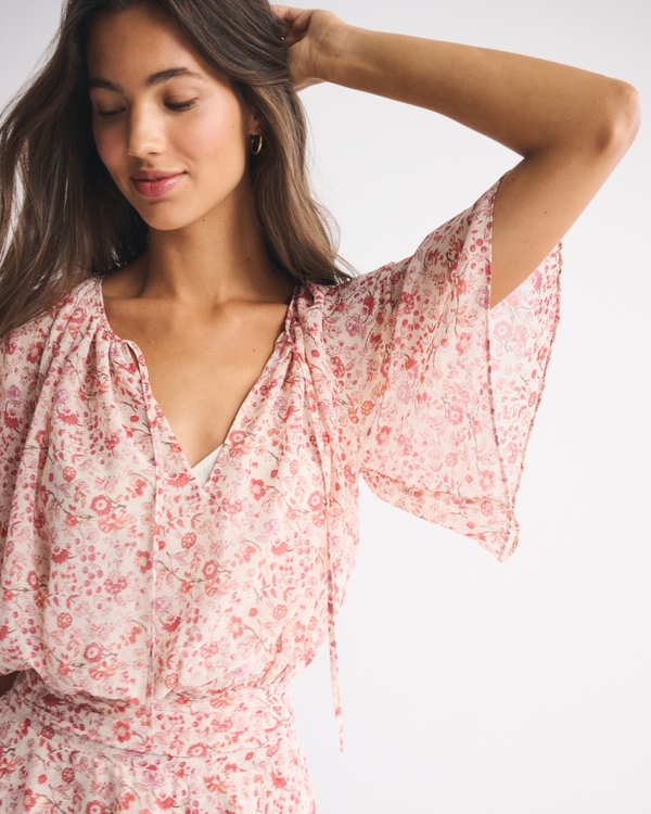 Angel Sleeve Sheer Mini Dress, Red Floral view 1