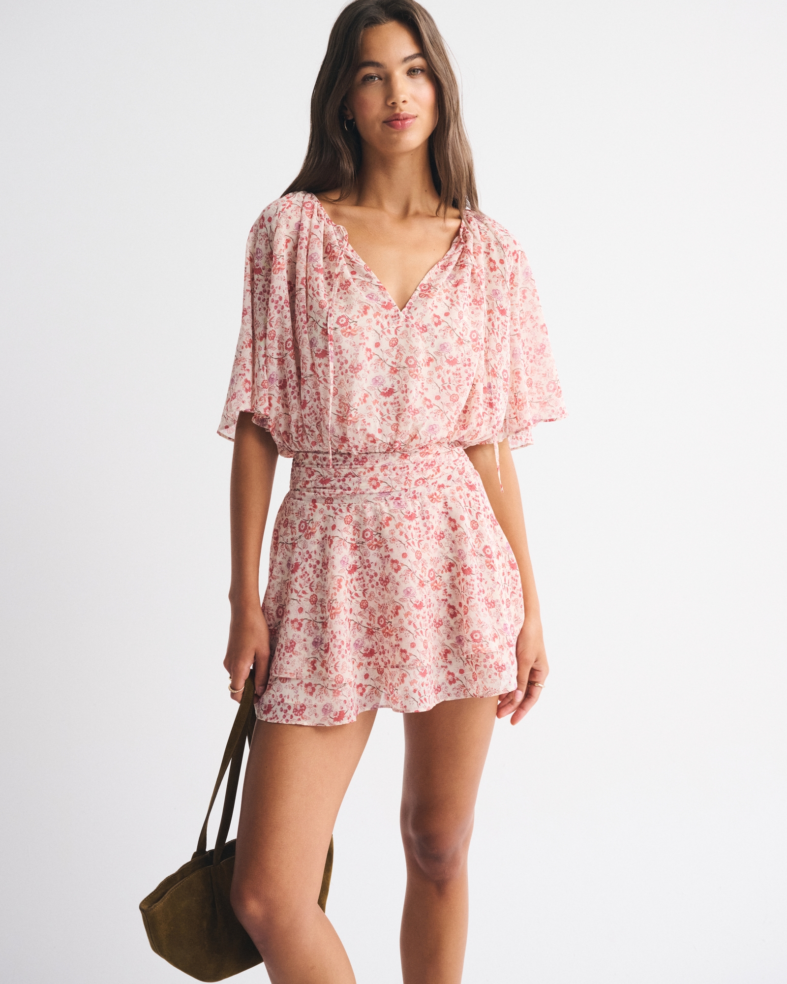 mini women's angel dress Women's Angel Sleeve Sheer Mini Dress in Red Floral | Size L